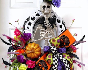 Halloween Swag Wreath for Front Door - Fall Decor - Halloween Decor - Skull Decor - Fall Decor - Skull Mask - Pumpkin Decor - Mr Bones
