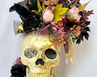 Glam Halloween Decor - Halloween Arrangement Centerpiece - Gothic Home Decor - Skull Wreath - Skull Decor - Glam Home Decor - Skeleton Wreat