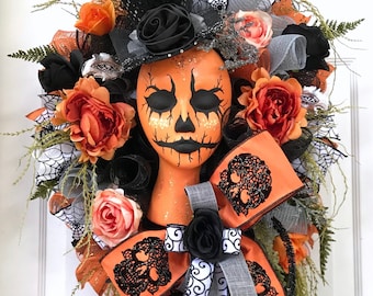 Halloween Wreath for Front Door - Halloween Decor - Wreath for Door - Deco Mesh Wreath - Mannequin Head - Halloween Swag - Fall Wreath