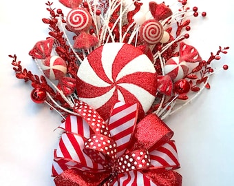 Christmas Tree Topper - Tree Topper Bow - Christmas Arrangement - Peppermint Theme - Peppermint Christmas Decor - Christmas Ornament