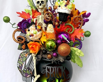 Halloween Decor - Witchy Decor - Centerpiece for Table - Floral Arrangement - Cauldron Decor - Fake Bake - Light Up Halloween Decor