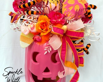 Light Up Halloween Decor - Pumpkin Decor - Jackolantern - arrangement centerpiece - Table Top Decor - Pumpkin Arrangement - Pink and Orange