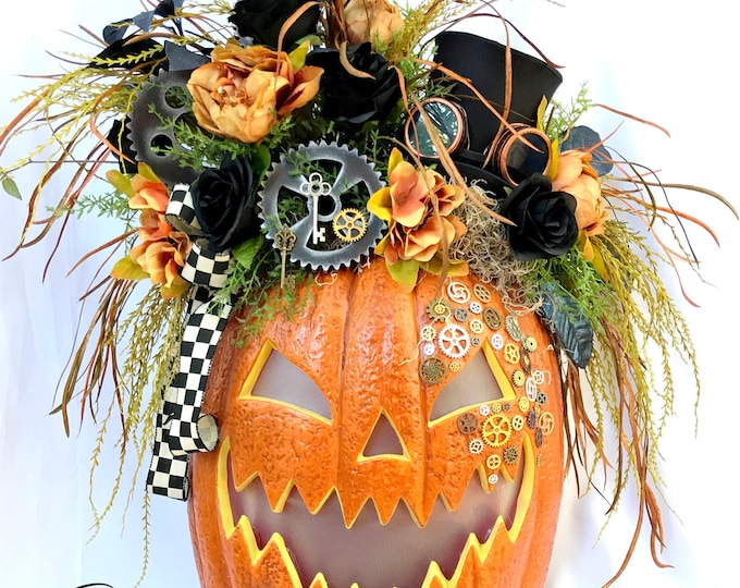 Light up Halloween Decor Steampunk Decor Jackolantern Halloween Wreath