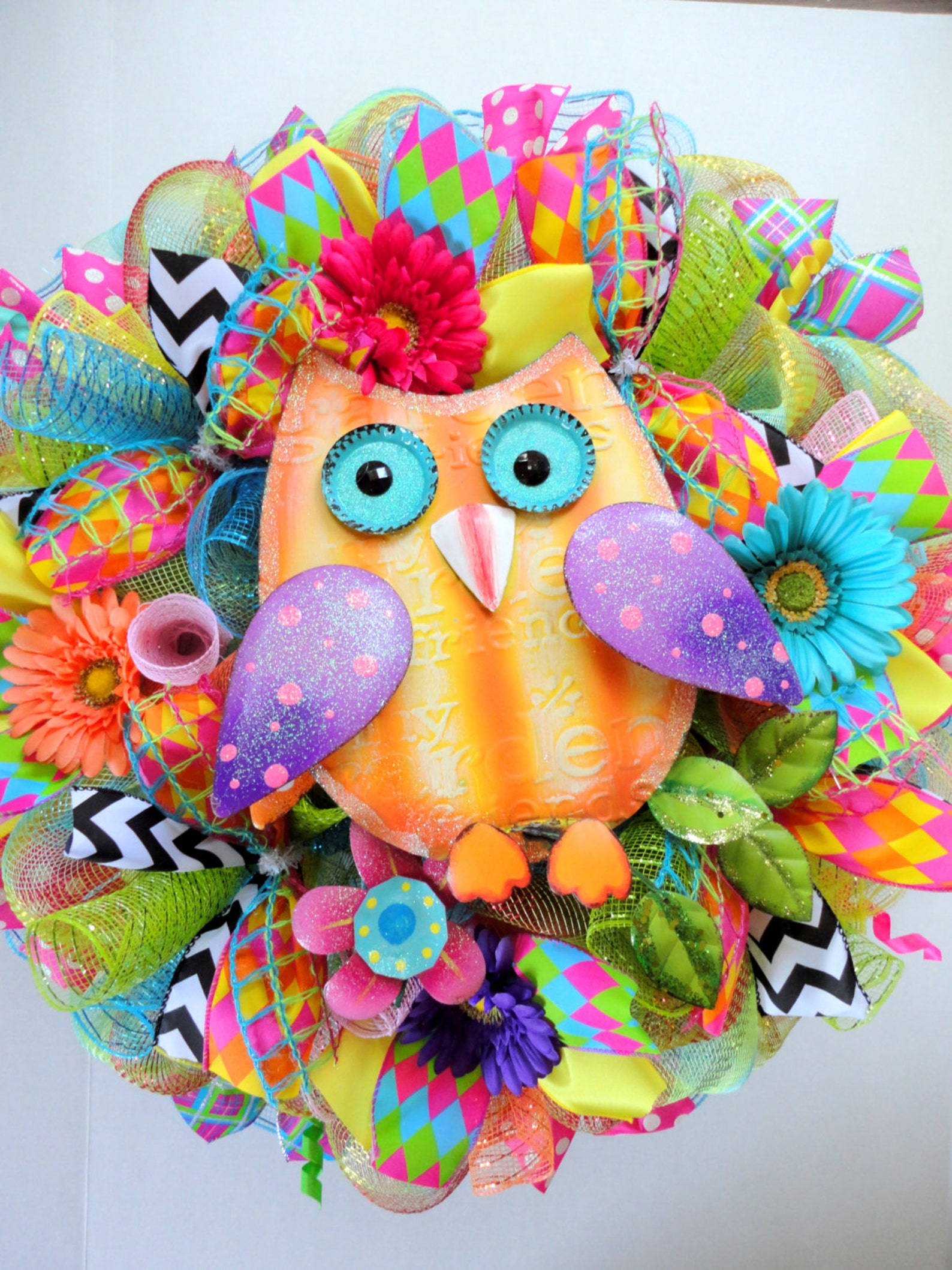 Large Summer Owl Wreath Deco Mesh Wreath Spring Wreath Etsy
