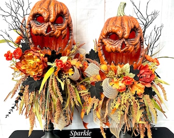 LARGE Set of 2! Light Up Halloween Decor - Pumpkin Centerpiece - Jackolantern Decor - Gothic Decor - Halloween Tablescape - Halloween Wreath
