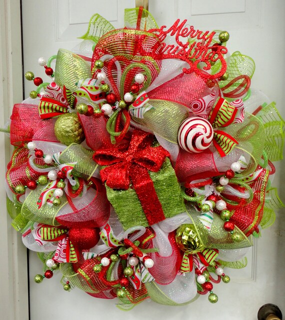 Gift Box Deco Mesh Christmas Wreath Red And Lime Green Etsy