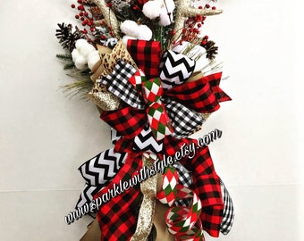 Buffalo Plaid Christmas Tree Topper - Tree Topper Bow - Christmas Bow - Deer Antler Topper - Mesh Tree Topper - Red and Black Plaid
