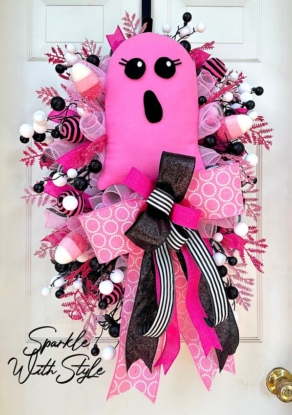 Pink Ghost Wreath - Halloween Decorations - Halloween Wreath for Front Door - Swag Wreath - Fall Decor - Pink Ghost Blanket - Wall Decor