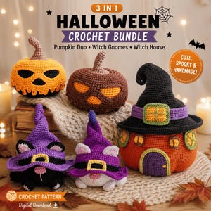 Könnte beinhalten: Ein 3-in-1 Halloween Häkelanleitungs-Bundle als digitaler Download mit zwei Kürbissen, zwei Hexen-Gnomen und einem Hexenhaus. Die Figuren sind aus orangefarbenem, braunem, lila, schwarzem und weißem Garn gehäkelt und haben detaillierte Gesichter.