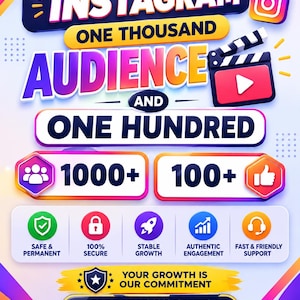 May include: A digital graphic promoting Instagram audience growth with the text INSTAGRAM ONE THOUSAND AUDIENCE AND ONE HUNDRED, featuring icons for a camera, clapperboard, and various service benefits like safe, secure, and stable growth for KAMZIRCORNER.