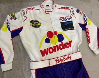 Tuta da corsa NASCAR personalizzata ispirata a Talladega Nights, Shake and Bake, Ricky Bobby, Will Ferrell, Cal Naughton Jr., John C. Reilly