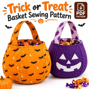 May include: Two fabric baskets for Halloween, one orange with black bats and yellow moons, the other purple with a white jack-o'-lantern face. Text reads Trick or Treat Basket Sewing Pattern with a PDF Pattern icon. Filled with candy.