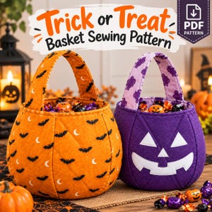 Puede incluir: Dos cestas de tela para Halloween, una naranja con murciélagos negros y lunas blancas, la otra morada con una cara de calabaza blanca. El texto Trick or Treat Basket Sewing Pattern aparece arriba con un icono de PDF.