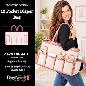 10 Pocket Diaper Bag Tote Sewing Pattern PDF, Baby Organizer, A4 US Letter