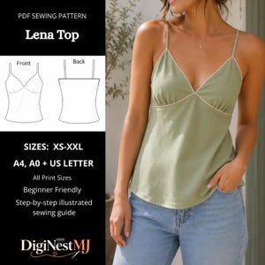 Lena Top Sewing Pattern | V-Neck Bias Cut Cami | Tie Shoulder Cami Tank Top | Beginner Friendly Women's Top | Sizes XS-XXL PDF