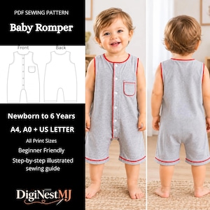 May include: A PDF sewing pattern for a baby romper, featuring a grey sleeveless romper with red trim, a front button placket, and a chest pocket. The text includes "PDF SEWING PATTERN Baby Romper", "Newborn to 6 Years", "A4, A0 + US LETTER", and "DigiNestMJ".
