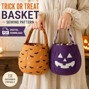 May include: Two fabric trick or treat baskets with handles. One is orange with a black bat pattern, and the other is purple with a white jack-o'-lantern face. Text reads: TRICK OR TREAT BASKET SEWING PATTERN, DIGITAL PDF DOWNLOAD, BEGINNER FRIENDLY.