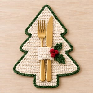 Peut inclure: Un set de table en crochet en forme de sapin de Noël couleur crème avec une bordure vert foncé. Un rond de serviette en crochet crème assorti maintient une fourchette et un couteau dorés. Le rond de serviette est orné de trois baies rouges.