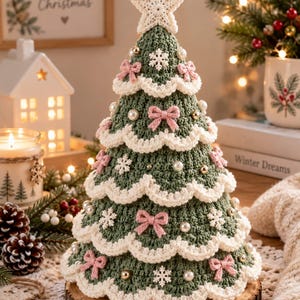 Pode incluir: Uma árvore de Natal de crochê em verde sálvia com acabamento festonado branco, coroada por uma estrela branca. A árvore é decorada com pequenos laços cor-de-rosa, flocos de neve brancos e contas peroladas, sobre uma base circular de madeira.