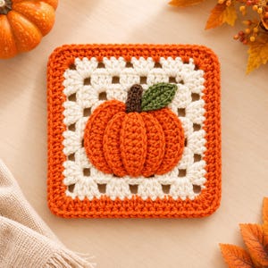 Puede incluir: Un cuadrado de ganchillo tipo granny square que presenta una calabaza naranja tridimensional en el centro con un tallo marrón y una hoja verde. La calabaza está centrada sobre un fondo blanco con un borde naranja, tejido con hilo.