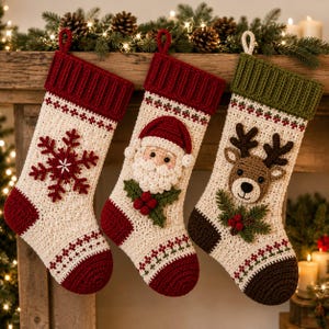 Puede incluir: Tres calcetines navideños de ganchillo con cuerpos de color crema y detalles en rojo y verde. El primero tiene un copo de nieve rojo, el segundo una cara de Papá Noel con acebo y el tercero una cara de reno con agujas de pino y bayas rojas.
