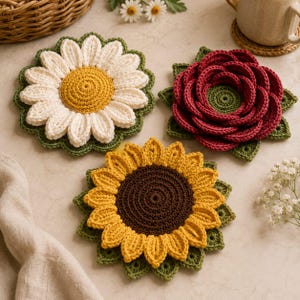 Puede incluir: Tres posavasos de ganchillo con forma de flor. Uno tiene pétalos blancos con centro amarillo, otro presenta pétalos rojos superpuestos con centro verde, y el tercero muestra pétalos amarillos alrededor de un centro marrón oscuro, con hojas verdes.