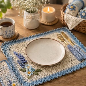 Puede incluir: Un mantel individual rectangular de ganchillo color crema con un borde festoneado azul claro, que presenta un motivo floral de lupinos azules y pequeñas flores azul claro. Incluye un posavasos, un plato de cerámica y cubiertos dorados a juego.