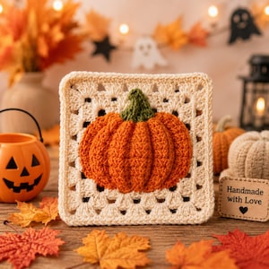 Può includere: Un quadrato all'uncinetto di tipo granny square che presenta una zucca arancione testurizzata in tre dimensioni con un gambo verde al centro. Il quadrato è realizzato in filato color crema con un motivo traforato. Una piccola etichetta rettangolare riporta la scritta Handmade with Love.