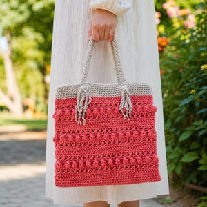 Crochet Tote Bag Pattern PDF, Popcorn Stitch Striped Market Bag, Textured Shoulder Tote Pattern
