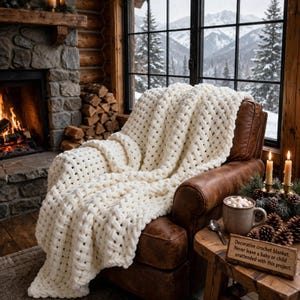 May include: A chunky, off-white knit blanket with a woven lattice pattern draped over a brown leather armchair. A wooden sign on the side table reads: Decorative crochet blanket. Never leave a baby or child unattended with this project.