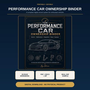 Op de afbeelding: Een donkerblauwe digitale ordneromslag met de titel The Performance Car Ownership Binder. Het bevat een witte lijntekening van een sportwagen, technische diagrammen en iconen van auto-onderdelen, waaronder een remschijf, turbo en zuiger.