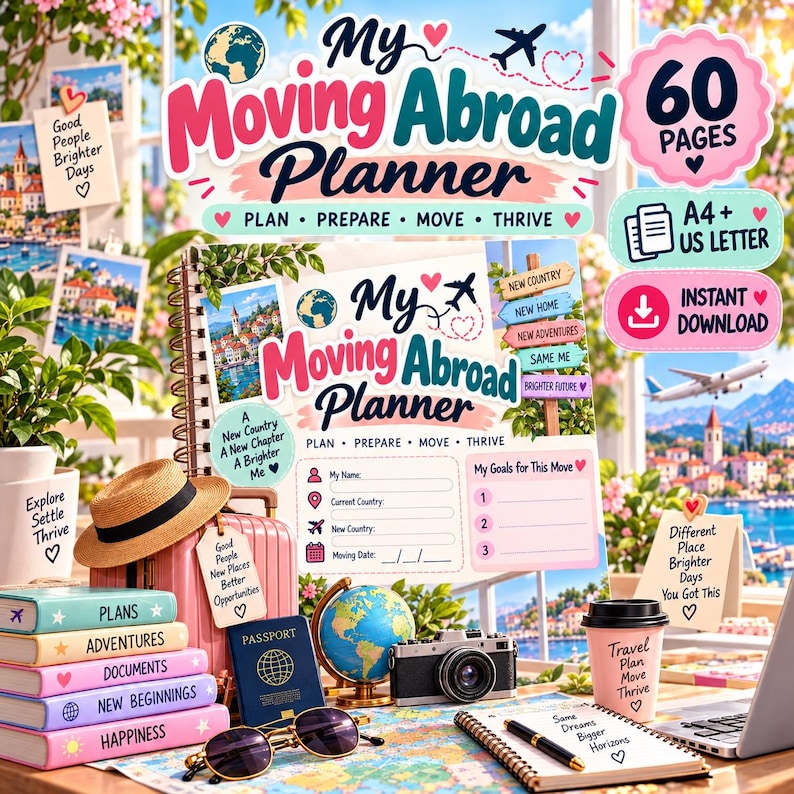 May Print Lettering Moving Abroad Planner, 60-page International Relocation Checklist ...