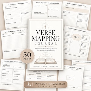 May include: A Verse Mapping Journal printable PDF with 50 pages. The cover features a cross icon, an open book illustration, and the text Verse Mapping Journal. Surrounding pages include templates for scripture study, verse mapping, and SOAP method analysis.
