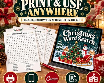 May include: A digital Christmas word search activity set featuring printable puzzle sheets and a tablet display. The graphics include a decorated tree, a snowman, and a red sleigh. Text includes "PRINT & USE ANYWHERE" and "Christmas Word Search."