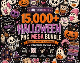 May include: A digital collection of 15,000+ Halloween PNG stickers featuring ghosts, black cats, pumpkins, skulls, witch hats, potions, and haunted houses. The central text reads 15,000+ HALLOWEEN PNG MEGA BUNDLE with original spooky sticker designs.