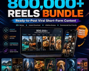 May include: A digital marketing bundle featuring 800,000+ viral reels for short-form content. The graphic displays a laptop and smartphone showing video previews across niches like travel, luxury, business, food, fitness, pets, AI, and lifestyle.