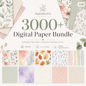 Puede incluir: Un paquete de papel digital con más de 3000 diseños, etiquetado como 300 DPI y 12 x 12 pulgadas. La colección incluye varios patrones como flores en acuarela, hojas de otoño, lunares, rayas y arte lineal, presentados en una paleta de colores suaves.