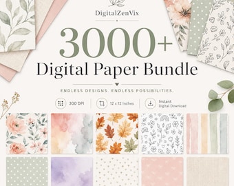 May include: A digital paper bundle featuring over 3000 designs, labeled 300 DPI and 12 x 12 inches. The collection includes various patterns such as watercolor florals, autumn leaves, polka dots, stripes, and line art, presented in a soft color palette.