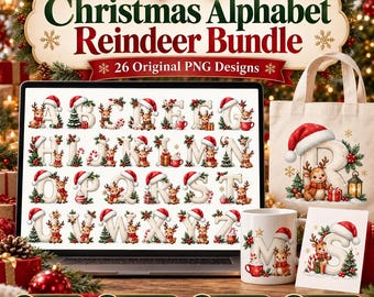 May include: A digital bundle of 26 Christmas alphabet letters featuring reindeer, Santa hats, and holiday greenery. The collection includes PNG files displayed on a laptop screen, a tote bag with the letter R, and a mug with the letter M.