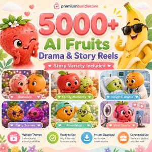 Peut inclure: Une collection numérique de 5000+ AI Fruits Drama & Story Reels présentant des personnages de fruits en dessin animé dans divers scénarios comme la romance, la famille, l'hôpital, la fête, l'amitié et des vidéos virales avec du texte.