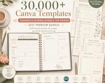 May include: A digital bundle of 30,000+ Canva templates for planners and journals, featuring a spiral-bound planner open to a monthly overview and daily plan, alongside several printed template sheets for habit tracking, self-care, and prayer requests.