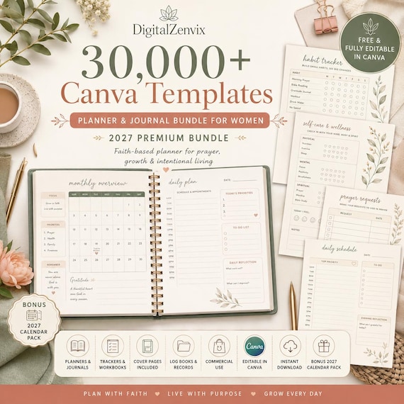 30000+ Editable Canva Templates Bundle, 2027 Planner Journal Workbook KDP Interiors, PDF Links, Instant Digital Download