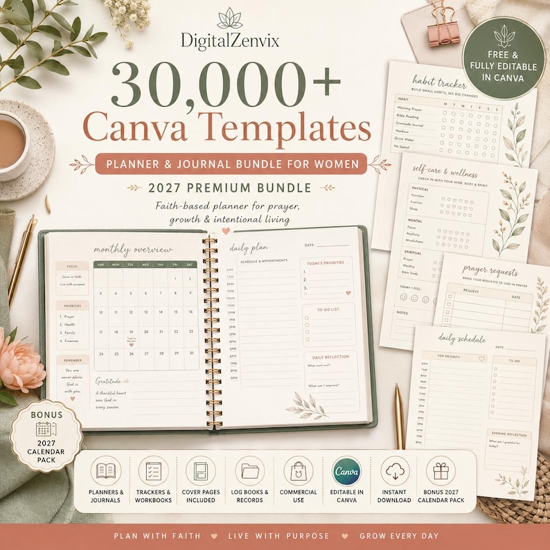 May include: A digital bundle of 30,000+ Canva templates for planners and journals, featuring a spiral-bound planner open to a monthly overview and daily plan, alongside several printed template sheets for habit tracking, self-care, and prayer requests.