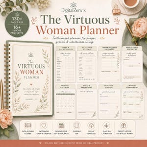 May include: A spiral-bound planner titled The Virtuous Woman Planner with 130+ pages and 16+ templates. The cover features botanical illustrations and the text Proverbs 31:25. Includes sections for habit tracking, self-care, prayer, and financial goals.