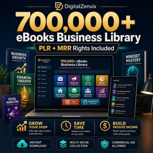 Könnte beinhalten: Eine digitale Business-Bibliothek mit über 700.000 eBooks inklusive PLR- und MRR-Rechten. Das Display zeigt einen Laptop und ein Tablet mit einer Dashboard-Oberfläche, umgeben von Buchtiteln wie Business Growth und Mindset Mastery.