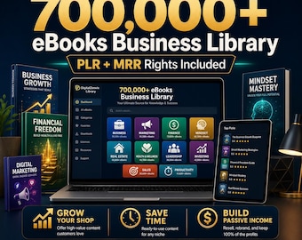May include: A digital business library featuring 700,000+ eBooks with PLR and MRR rights. The display shows a laptop and tablet with a dashboard interface, surrounded by book covers titled Business Growth, Financial Freedom, and Mindset Mastery.