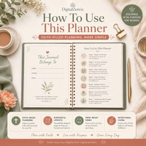 May include: An open spiral-bound planner with cream pages featuring text titled How To Use This Planner, including a section for personal contact information, a seven-step guide, and a Bible verse from Proverbs 16:3, all in a soft neutral color palette.