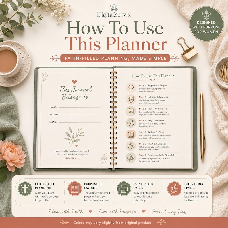 May include: An open spiral-bound planner with cream pages featuring text titled How To Use This Planner, including a section for personal contact information, a seven-step guide, and a Bible verse from Proverbs 16:3, all in a soft neutral color palette.