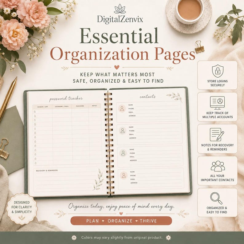 May include: An open spiral-bound planner titled Essential Organization Pages by DigitalZenvix. The left page features a password tracker, and the right page lists contacts. The design includes floral accents, a gold pen, and five icons detailing features like secure login storage and contact management.