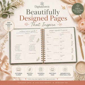 May include: A spiral-bound planner open to pages titled Virtuous Woman Goals and Prayer Requests & Answers. The layout includes sections for spiritual growth, personal growth, relationships, and financial wisdom, with text in English and floral accents.